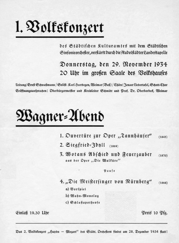 Programmzettel des 1. Volkskonzerts am 29.11.1934 im Großen Saal des Volkshauses Jena, Quelle: Stadtarchiv Jena